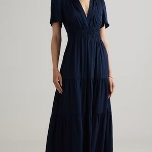 Quince Deep Navy Washable Silk Tiered Maxi Dress